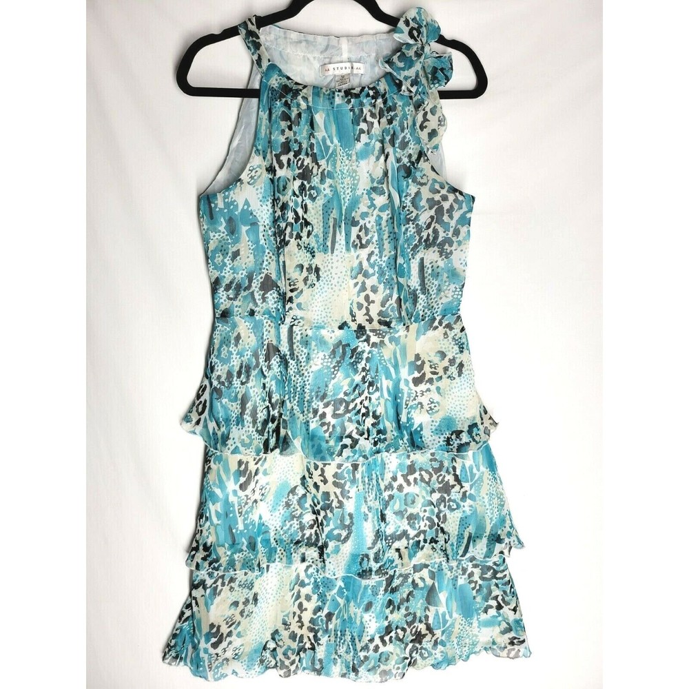 AA Studio AA Sleeveless Tiered Dress Blue Animal Print Fully Lined Size 12